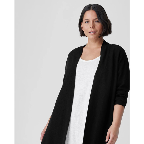 NWT Eileen Fisher Cotton Cardigan L Black Sweater Open Front Texture Capsule - Picture 1 of 7